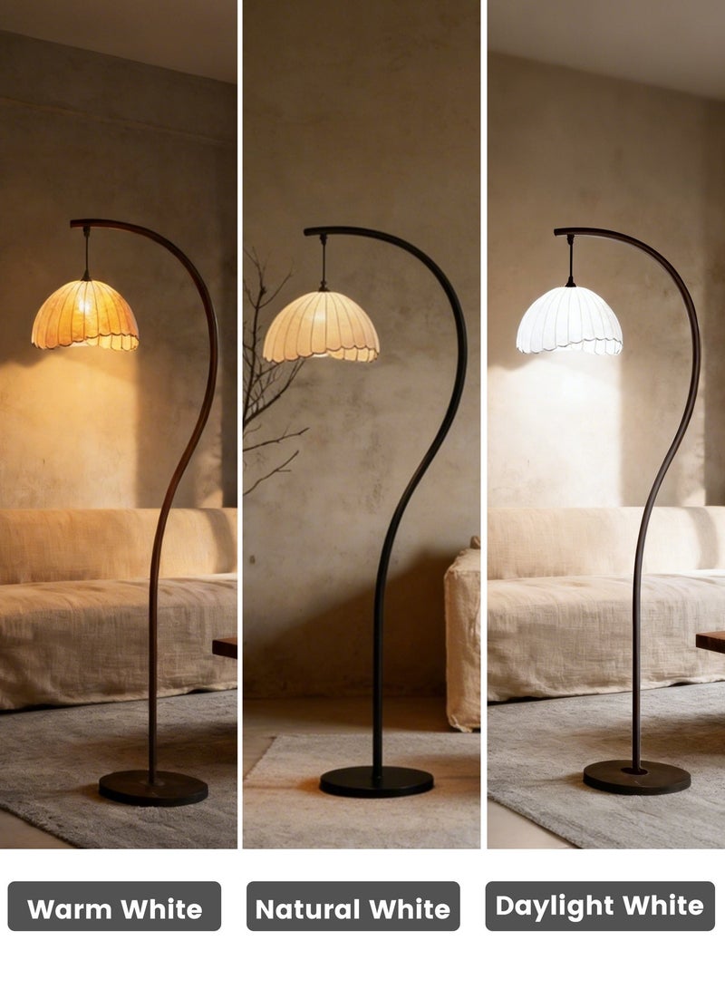 LED Floor Lamp, 12W S-Shaped Crescent Floor Lamp with Remote Control and Foot Switch, Bohemian Style Fabric Lampshade, Suitable for Living Room, Bedroom, and Hotel, Black - Image 3